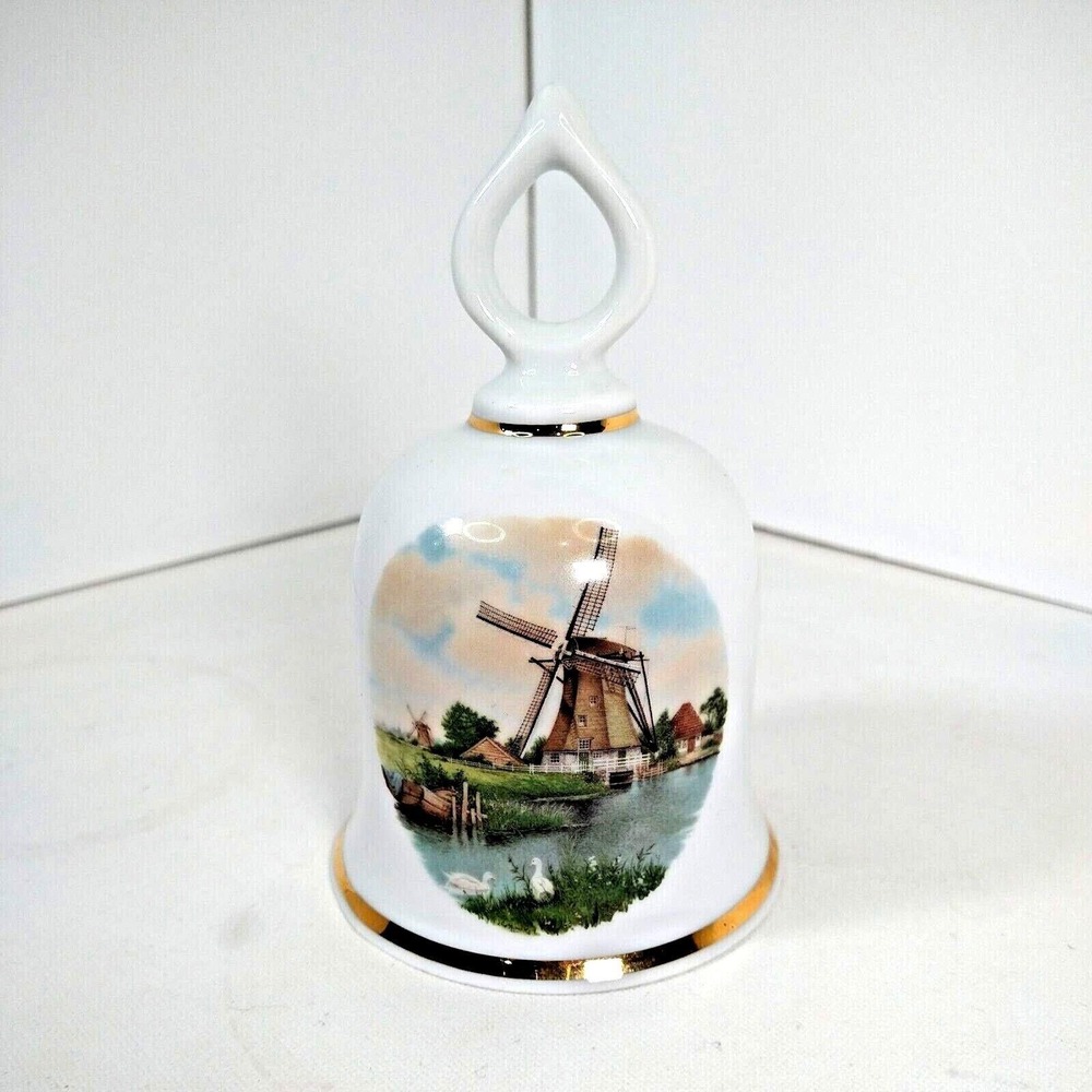 Hand Painted Porcelain Bell Dutch Windmill Royal Schwabap Holland VTG 1980s